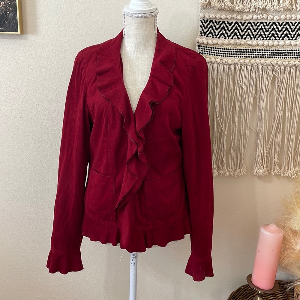 Red Ruffled Blazer with Hook Front Closure / Brand Rafael: Size 12 / Lightweight
